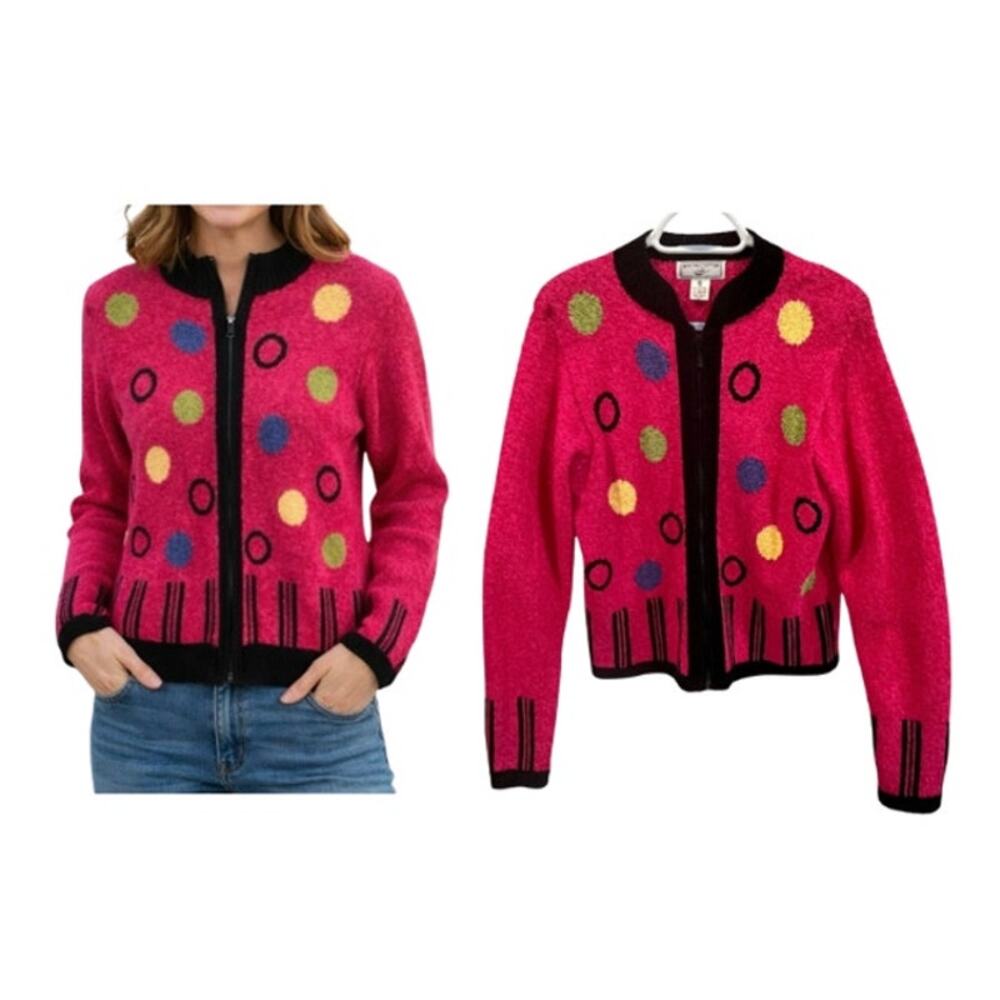 Pink Sz Small Polka Dot Cardigan Retro Mod Art Teacher Cozy‎ Chic Sweater